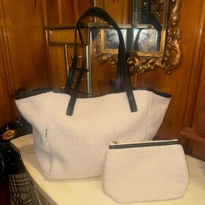 Neiman Marcus sherpa faux fur shoulder tote bag with matching pouch
